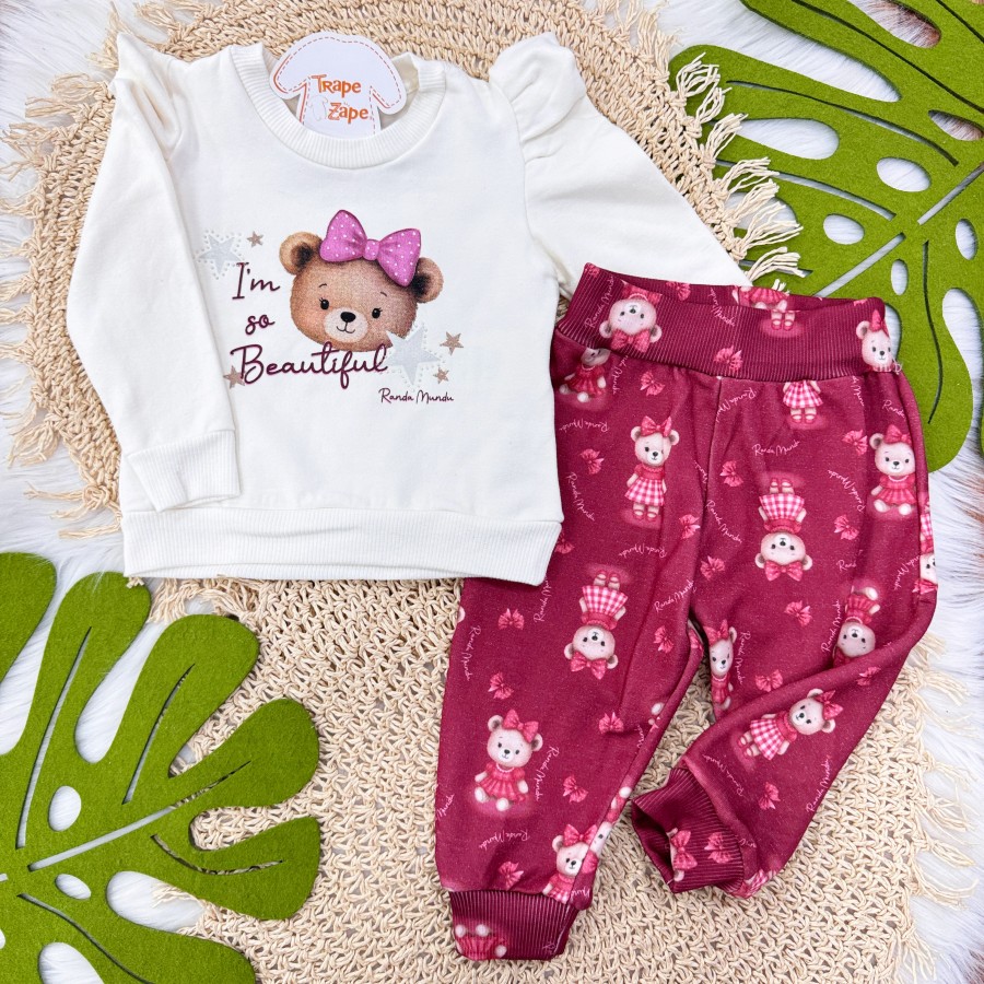 Conj. Blusa Moletom I'm So Beautiful e Calça Ursinhas - Off White Bordo